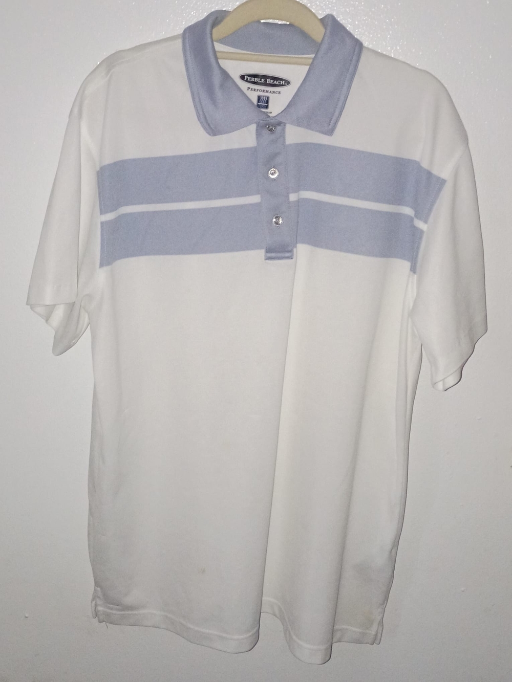 Pebble Beach White Polo with Light Blue Chest Stripes
